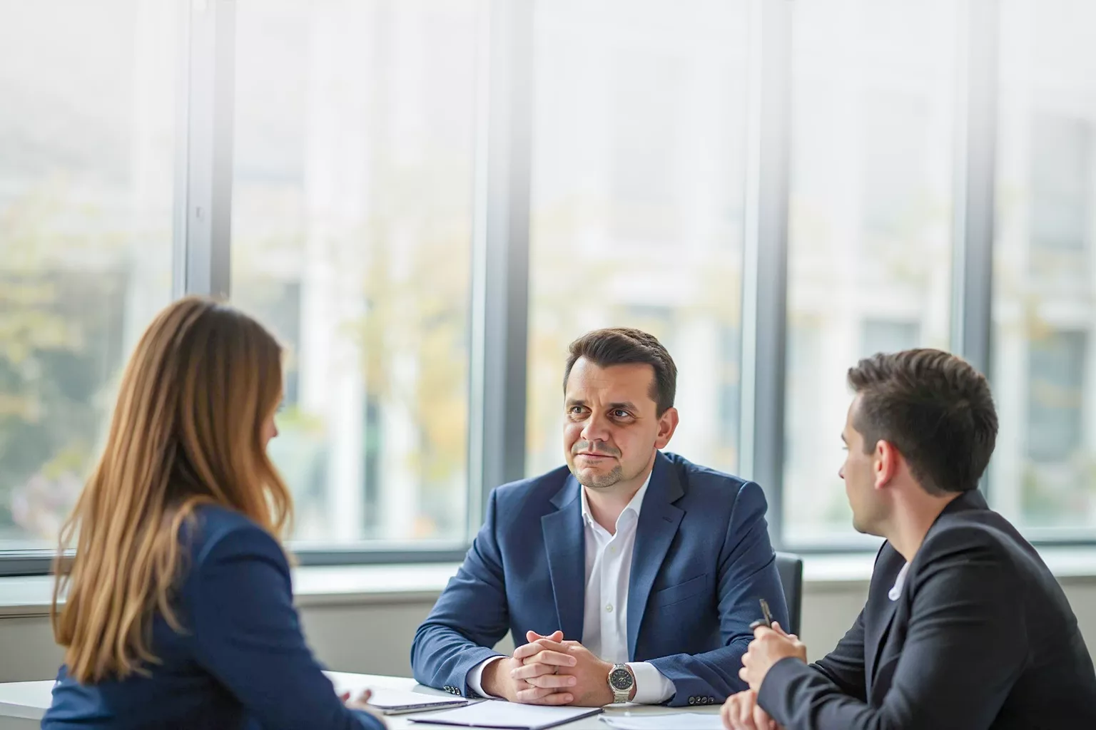 Christian Ilgner in a business meeting with two colleagues at a table in a modern office setting.